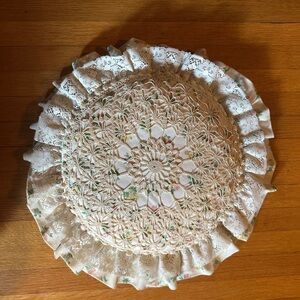 Shabby Chic Floral and Crocheted Cottagecore Circular Throw Pillow